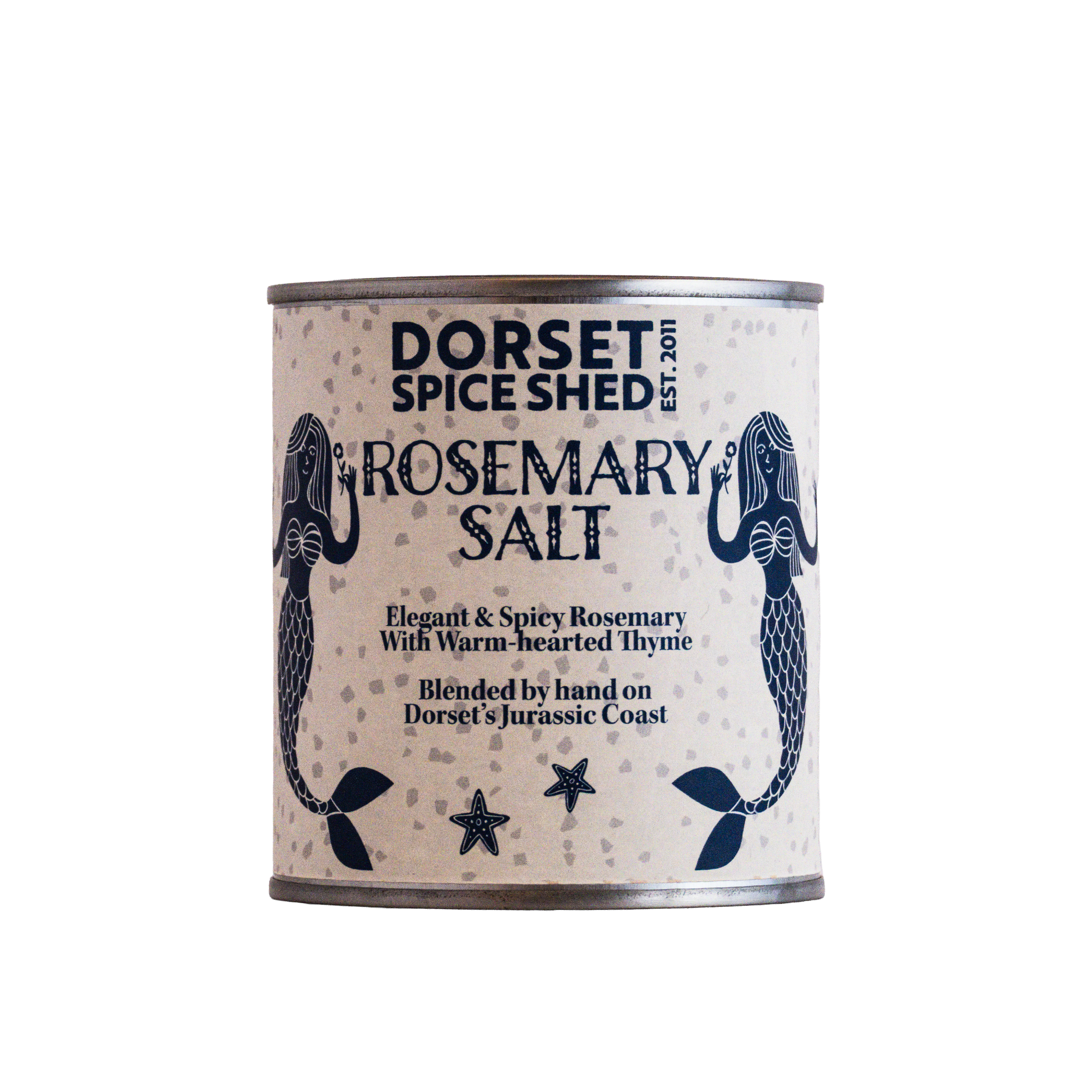 A cylindrical metal tin of Dorset Spice Shed Rosemary Salt, featuring a cream-colored label with navy blue mermaids, starfish, and text, set against a plain white background.