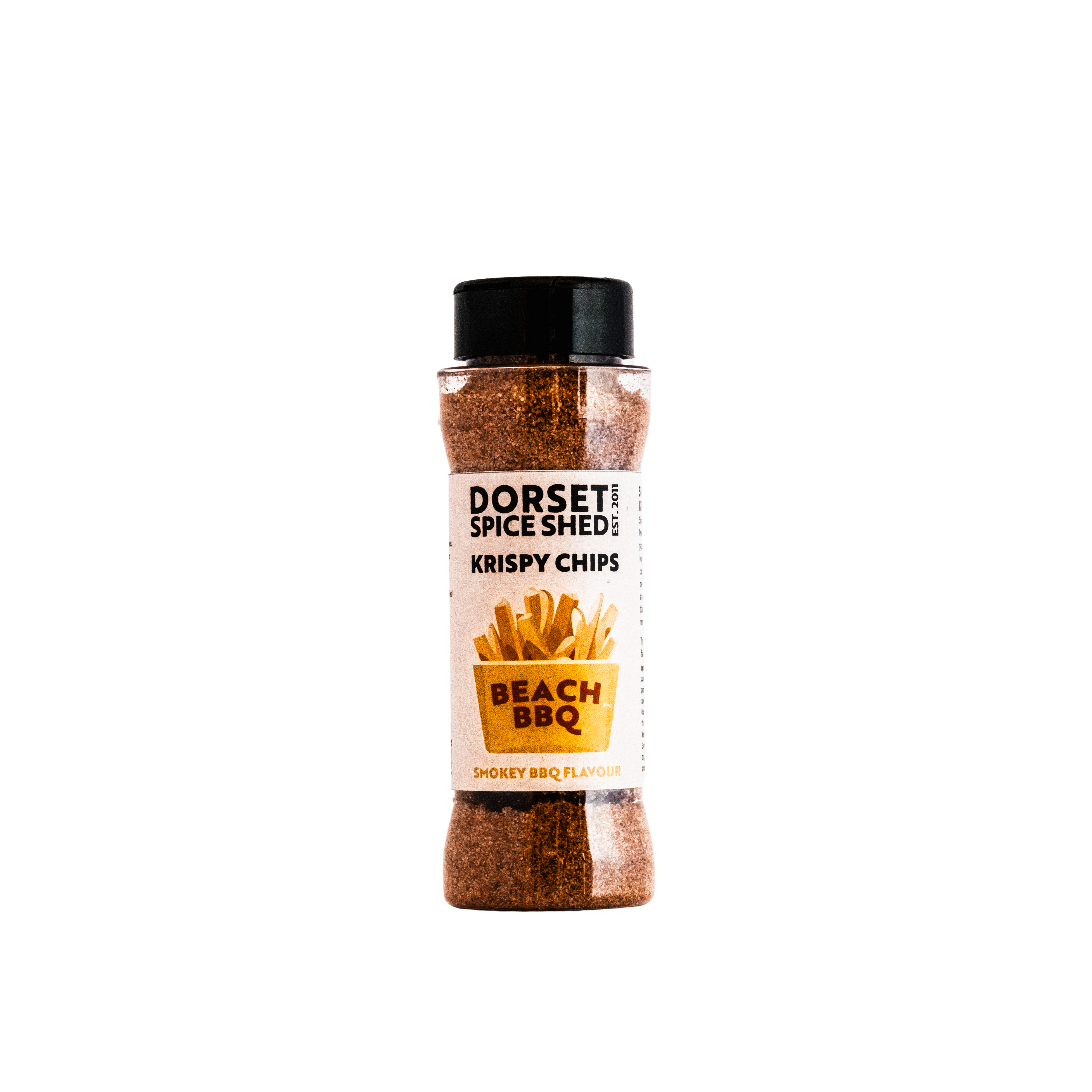 Plastic 100ml jar shaker of the Dorset Spice Shed Beach BBQ Fries seasoning.