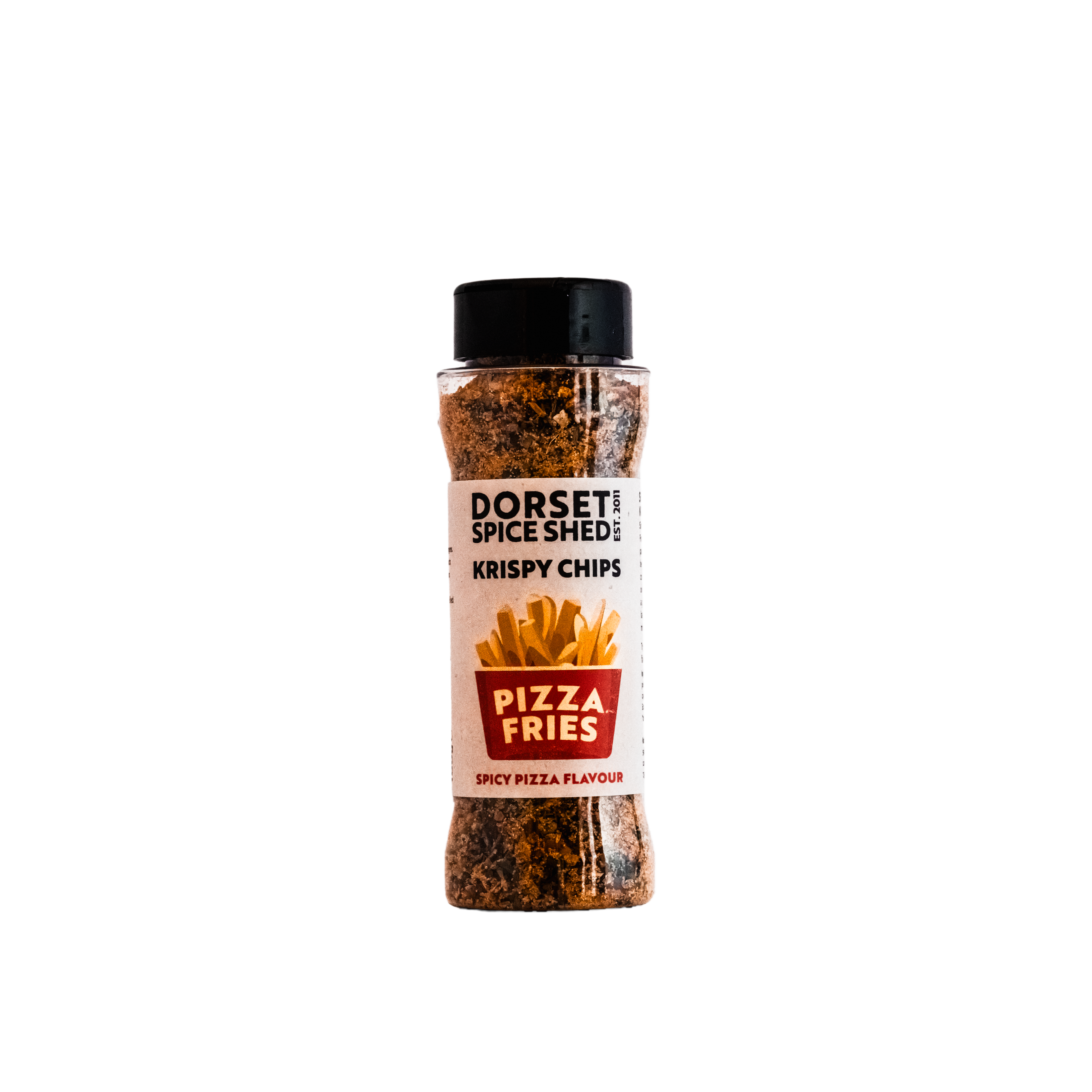 Plastic 100ml jar shaker of the Dorset Spice Shed Pizza Fries seasoning.