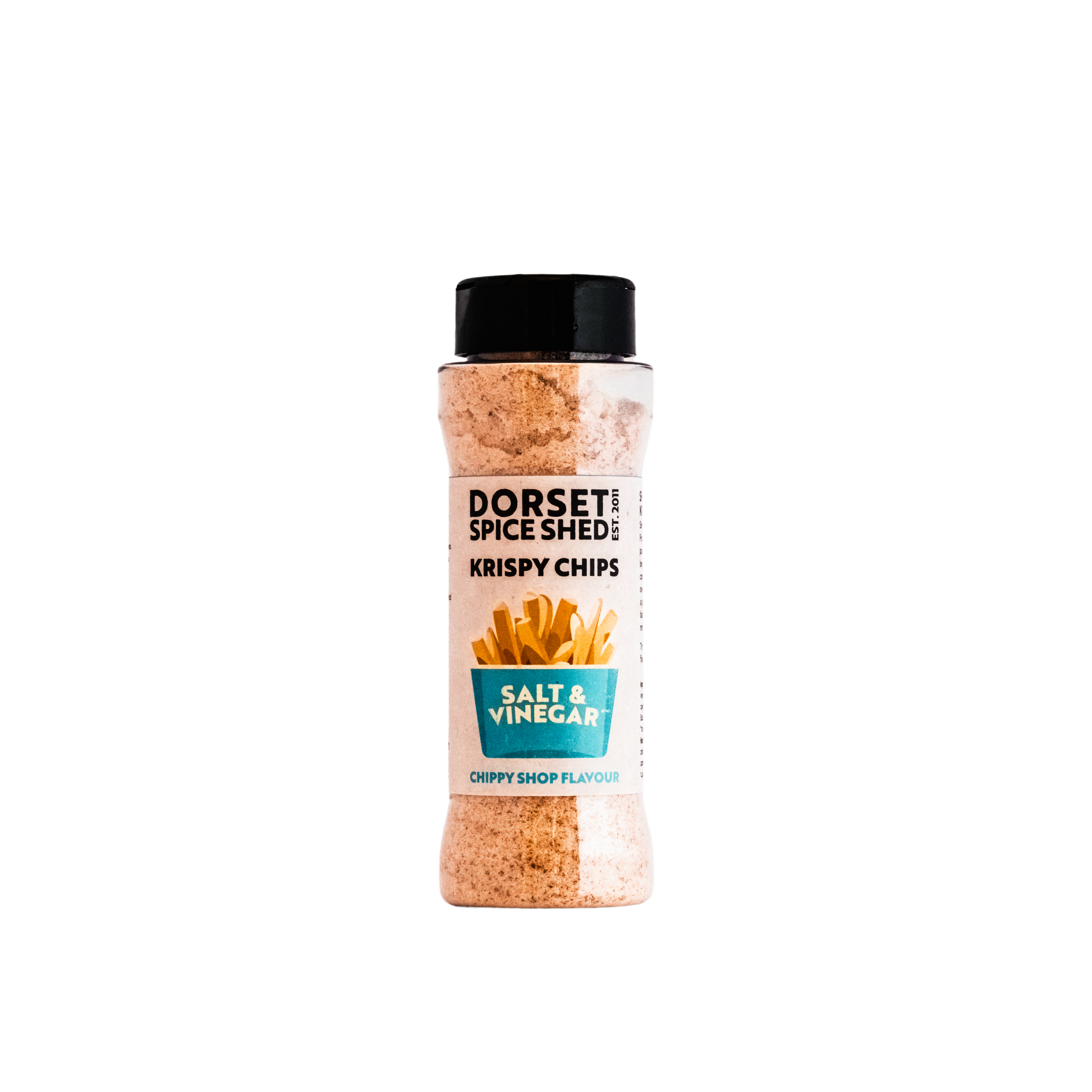 Plastic 100ml jar shaker of the Dorset Spice Shed Salt & Vinegar Fries seasoning.