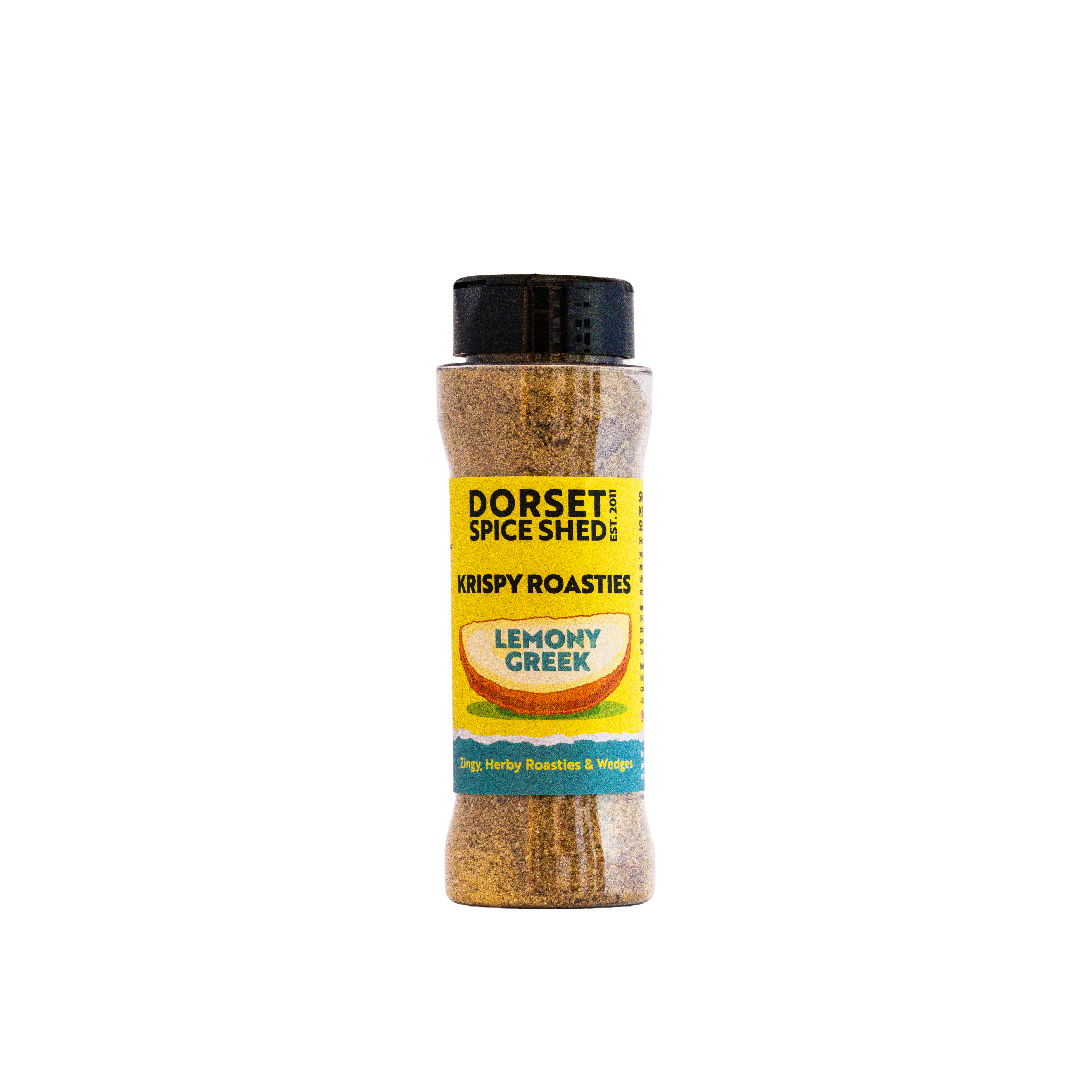 A plastic shaker jar of Dorset's Spice Shed Lemony Greek Crispy Roasties seasoning, featuring a yellow label and black cap, centered on a plain white background.