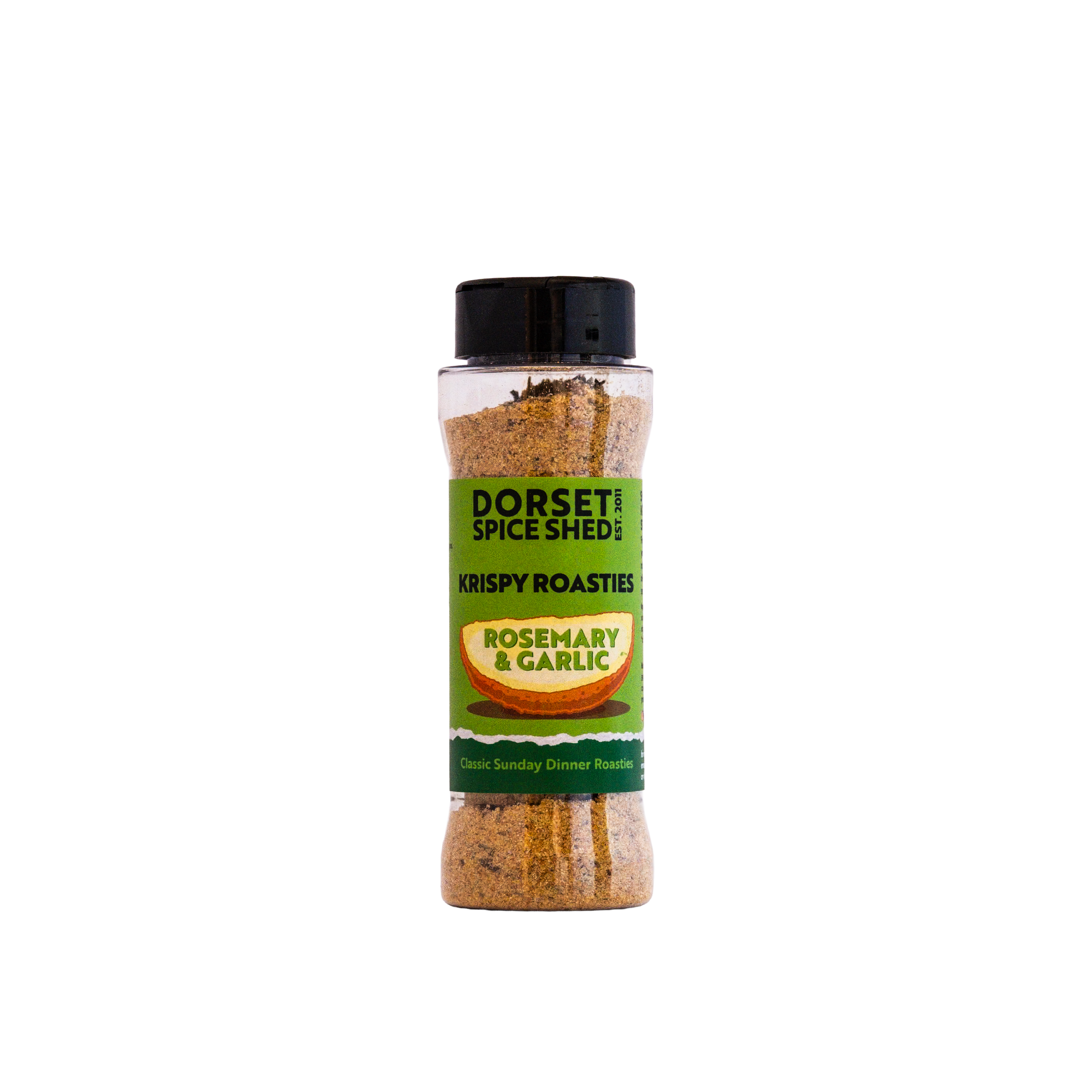 A clear plastic spice shaker bottle containing Dorseti Spice Shed Krispy Roasties Rosemary & Garlic seasoning, featuring a green label and black cap, centered on a white background.