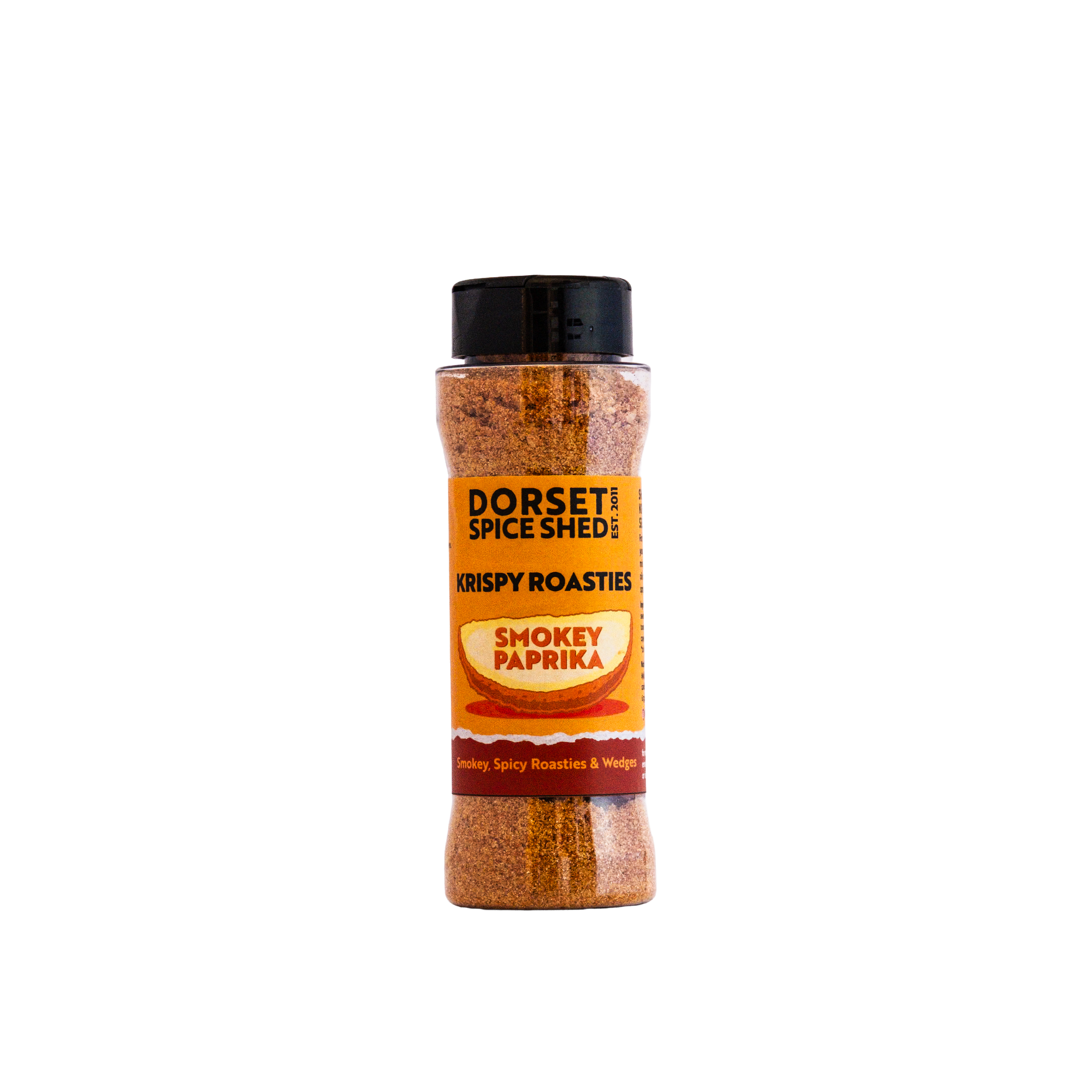 A shaker jar of Dorsey Spice Shed Krispy Roasties Smokey Paprika seasoning blend, shown against a plain white background.