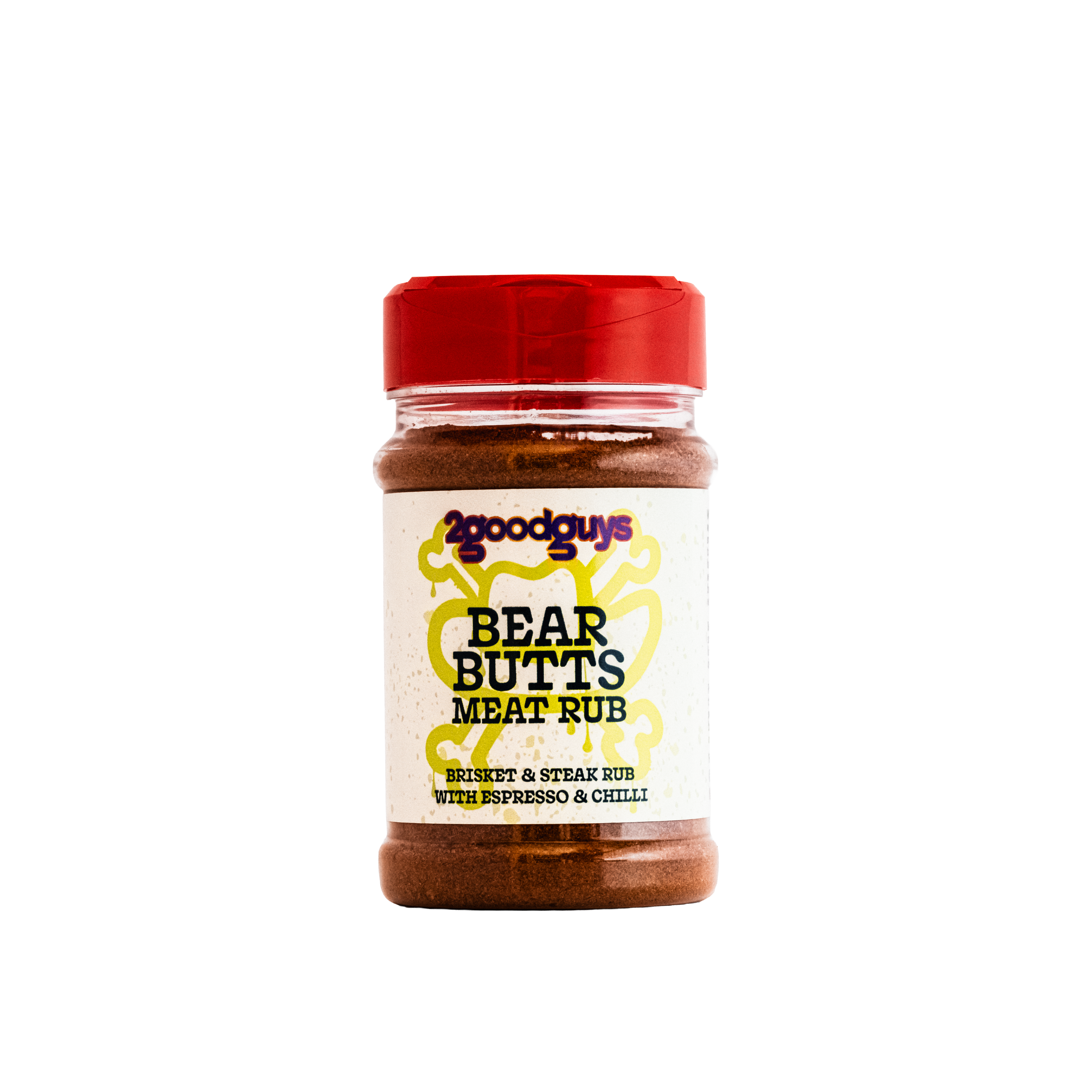 A jar of 2good guys Bear Butts Meat Rub, featuring a white label with yellow and black text, and a bright red cap, set against a solid white background.